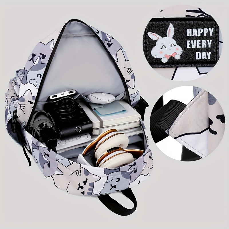 Casual Fashion Cartoon Cats Print Knapsack With Adjustable Strap And Large Capacity, Zip Up, Trendy Backpack For Travel And School