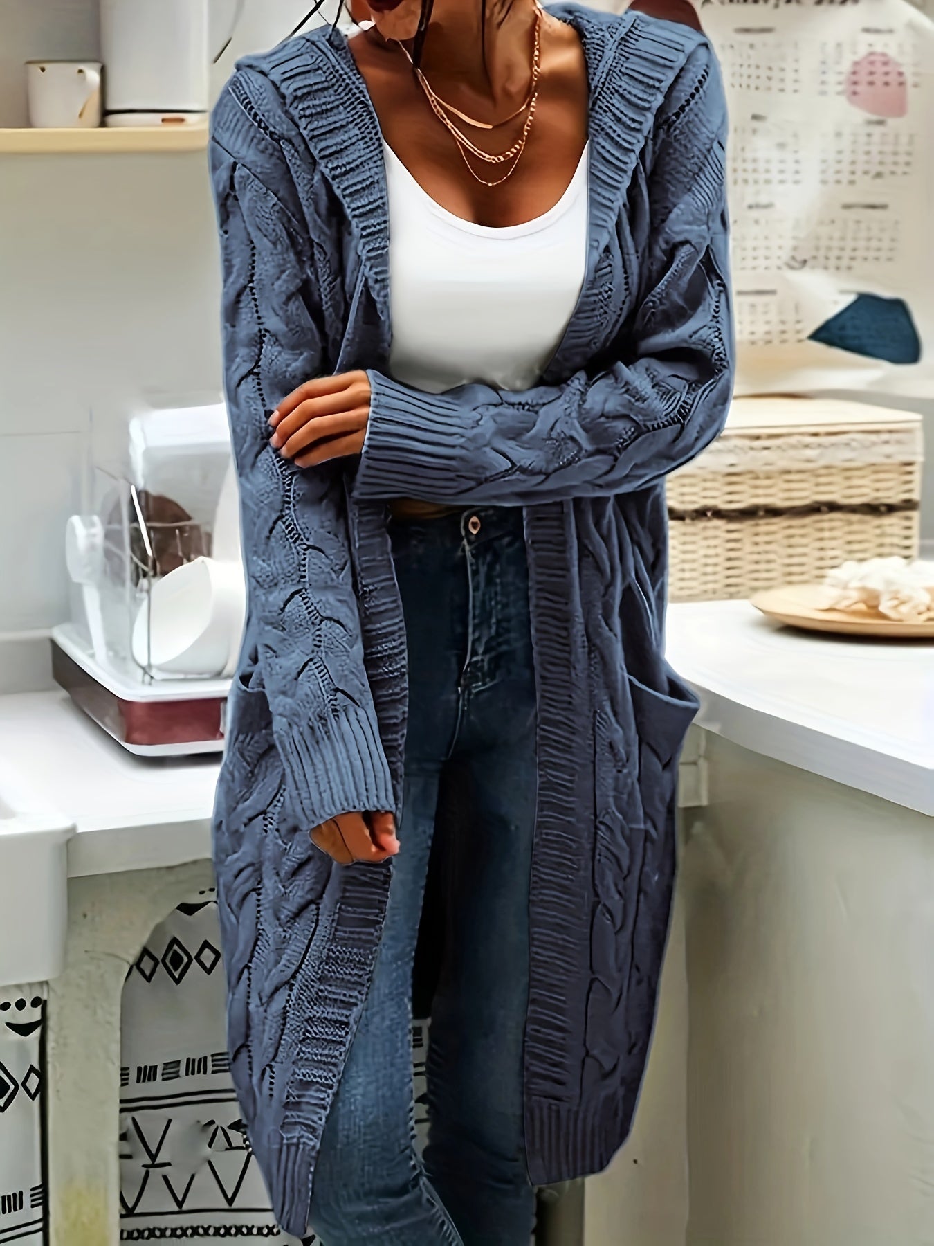 Women's Mid-Length Hooded Cardigan - Soft Stretchy Solid Color Long Sleeve Open Front Sweater with Pockets, Machine Washable Casual Elegance for Fall Winter, Everyday Comfort Wear, Stylish Hooded Design, Comfortable Fit