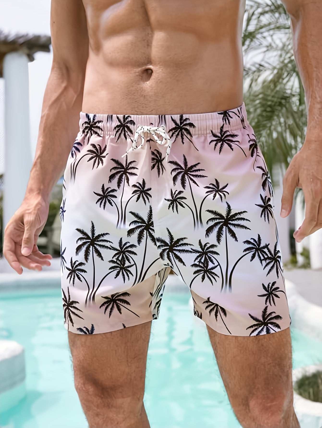Men's Quick Dry Hawaiian Board Shorts With Pockets, Casual Coconut Tree Graphic Drawstring Swim Trunks For Summer Vacation Beach Pool Outdoor