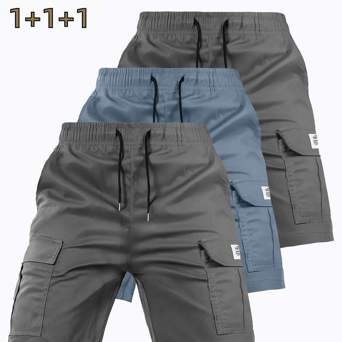 3pcs Men'S Heavy-Duty Work Shorts - Non-Stretch Fabric Cargo Pants with Multiple Utility Pockets, Drawstring Waist - Available in Navy/Gray/ - Ideal for Construction, Outdoor, Everyday Casual Wear - Plus Size Friendly, Outdoo