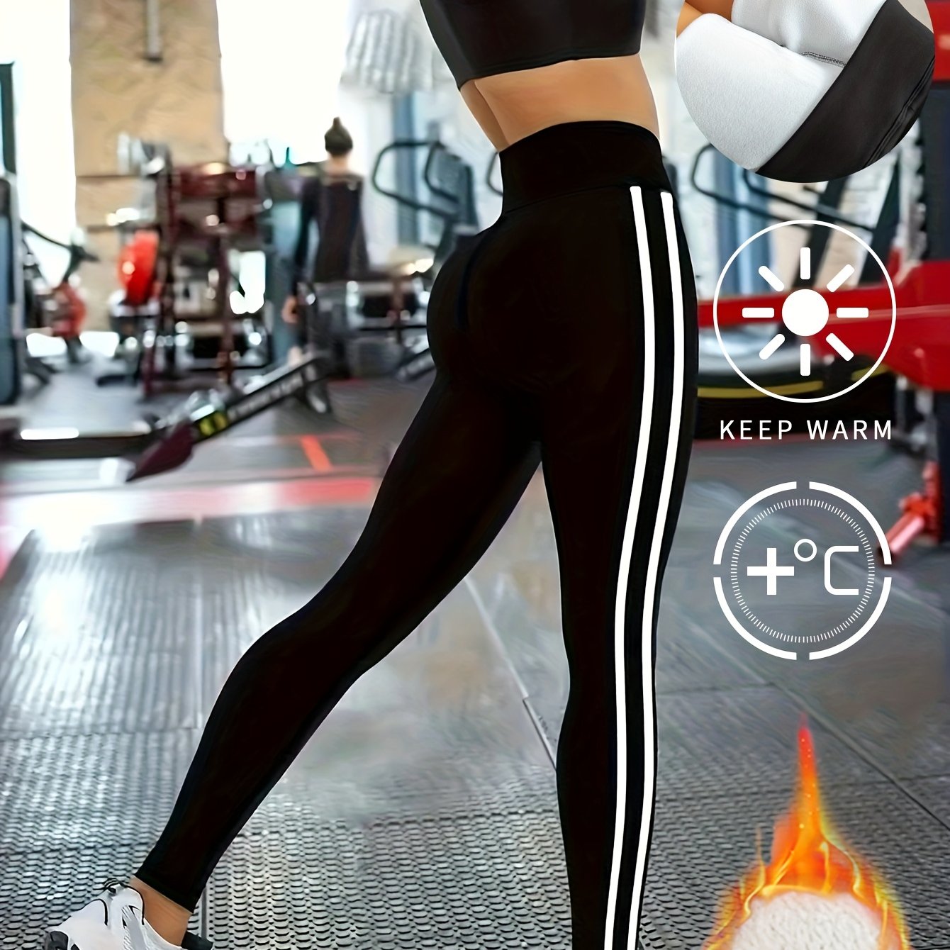 Women's High-Waisted Fleece-Lined Thermal Leggings - Winter Warmth, Seamless Full-Length Side Stripe Athletic Leggings with Soft Lining, Gym & Outdoor Pants for Gym,W Yoga - Machine Washable, Solid Black & White Stripe Design
