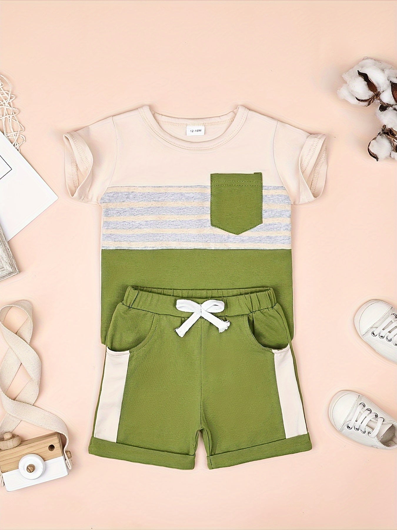 2pcs Baby Boys Summer Outfit Set - Cotton & Polyester Crew Neck T-Shirt with Stripes & Patch Detail, Short Sleeve, Drop Shoulder, Knit Fabric, with Matching Shorts with Belt & Fake Drawstring - Regular Fit, for Outdoor