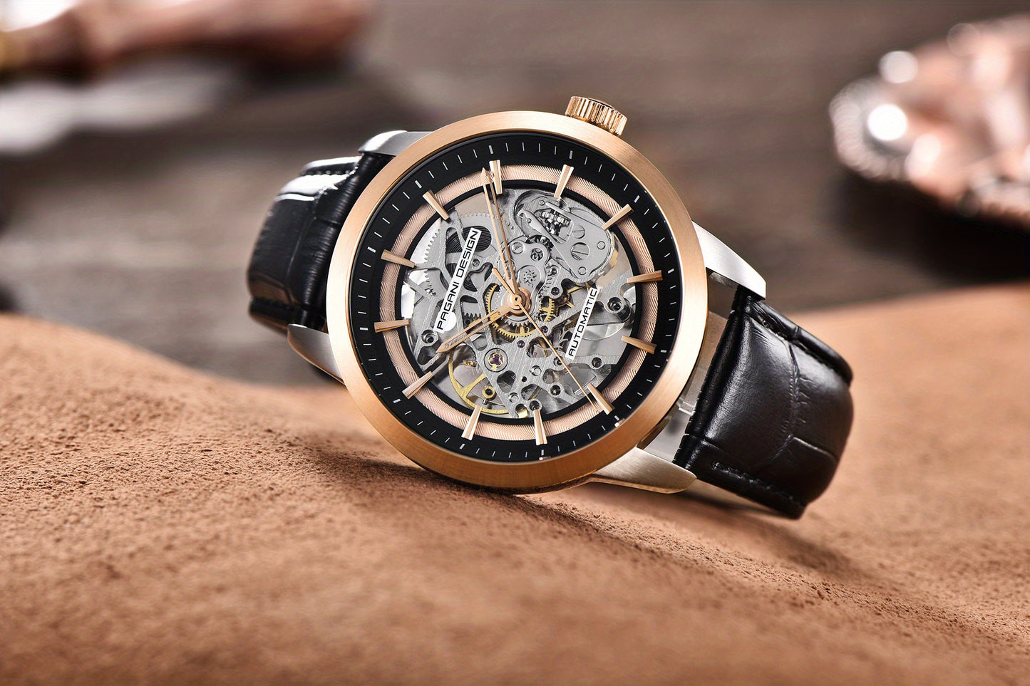 Pagani Design 2023 Men's Automatic Skeleton Watch, Self-Winding, Stainless Steel, Leather Strap, Pointer Series, Water Resistant To 100 Meters Sports Leather Watch