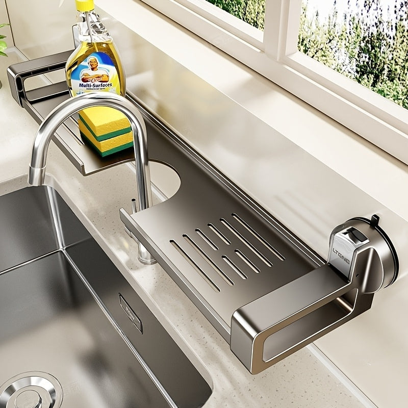 1pc Wall-Mounted Bathroom Sink Organizer with Suction Cup Faucet Holder - No-Drill Carbon Steel & ABS Shelf for Toothbrushes, Makeup Brushes, Floss - Space-Saving Vanity Storage for Small Bathrooms, Bathroom Sink Accessories,