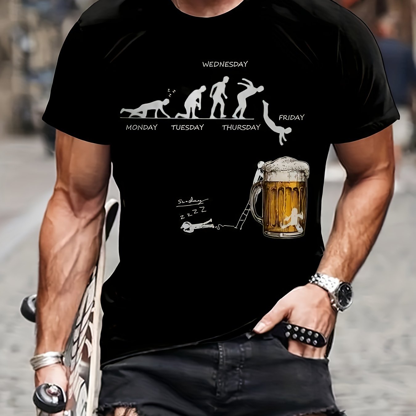 Men'S 100% Cotton Graphic T-Shirt - "Wednesday" Beer Mug Design, Casual Crew Neck, Short Sleeve, Regular Fit, 210g/㎡, Perfect for Barbecues & Parties, Party Tshirt | Playful Design | Durable Fabri
