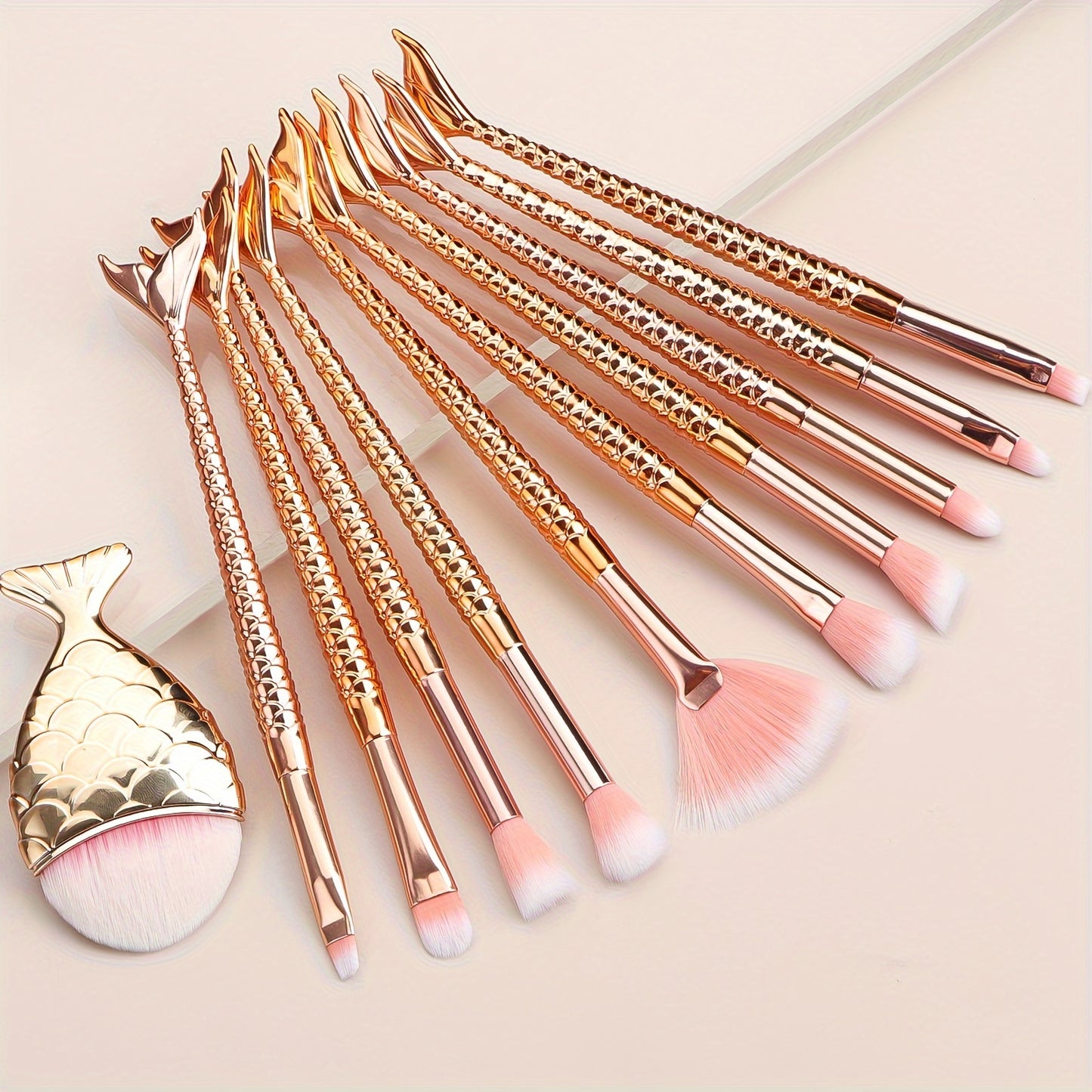 11pcs Mermaid Makeup Brush Set - Fish Tail Design, Nylon Bristles for All Skin Types, Fragrance-Free Beauty Tools