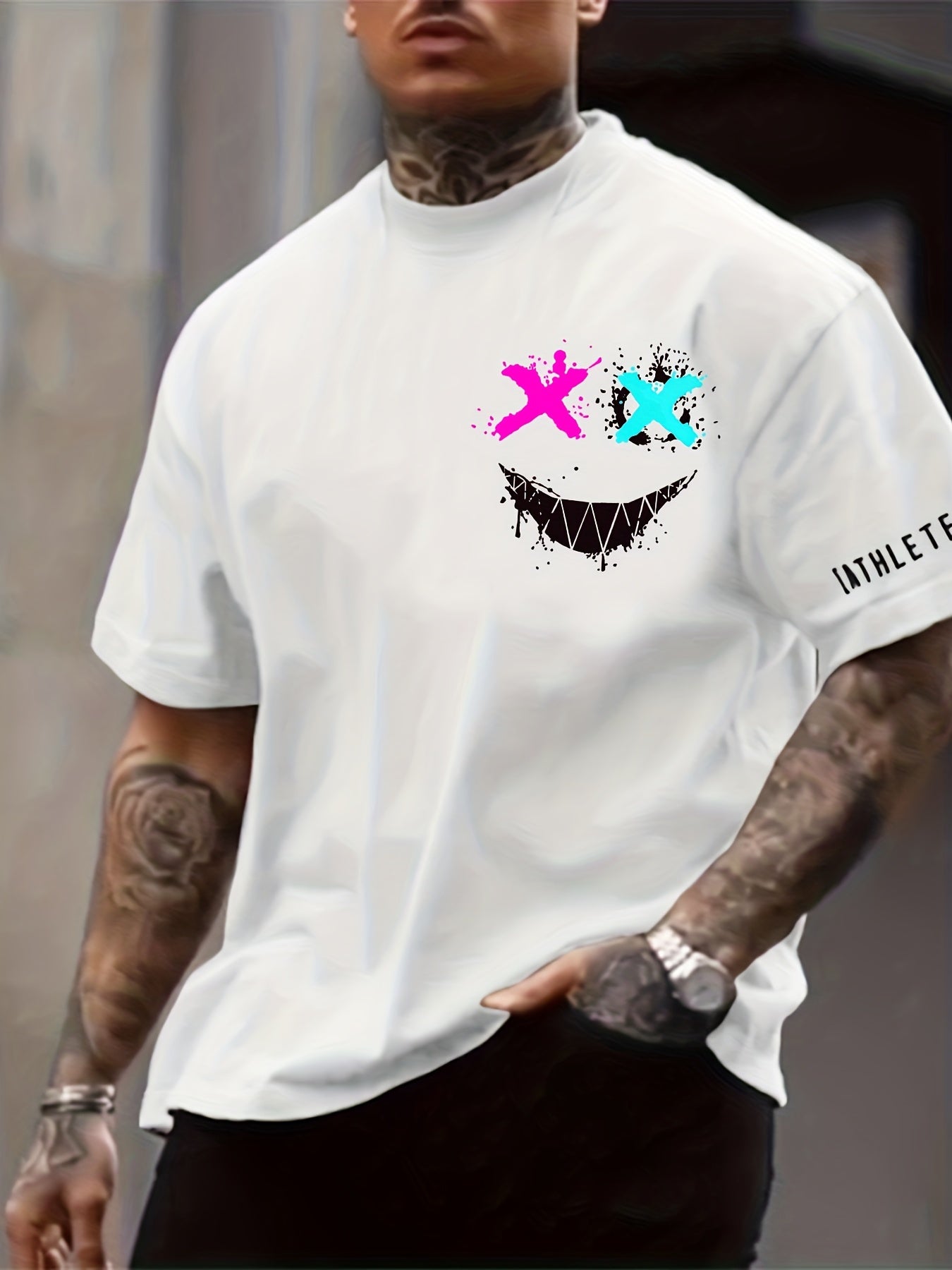 Smile Face Print, Men's Graphic Design Crew Neck T-shirt, Casual Comfy Tees Tshirts For Summer, Men's Clothing Tops For Daily Vacation Resorts