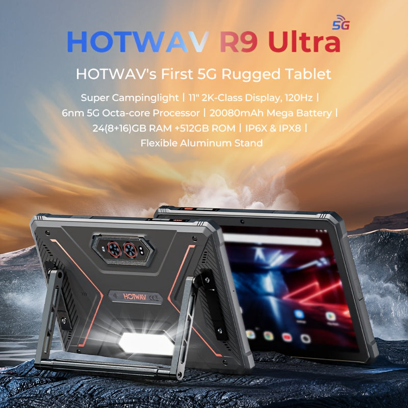 The HOTWAV R9 Ultra Is A Rugged Tablet with An 11-inch HD+ 120Hz Display, Android 15, 24 (8+16)GB RAM And 512 (expandable to 2TB)GB ROM, 64MP+16MP, 20MP Night Vision Cameras, 20080mAh Battery, S713 Chip, Dual 5G SIM Cards, GP