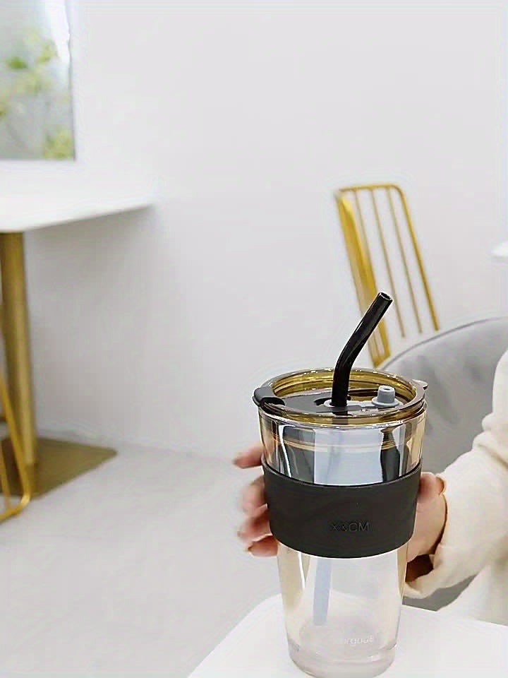Chic Bamboo-Inspired Glass Coffee Mug with Straw - Large Capacity, Minimalist Design for Coffee & Milk Tea