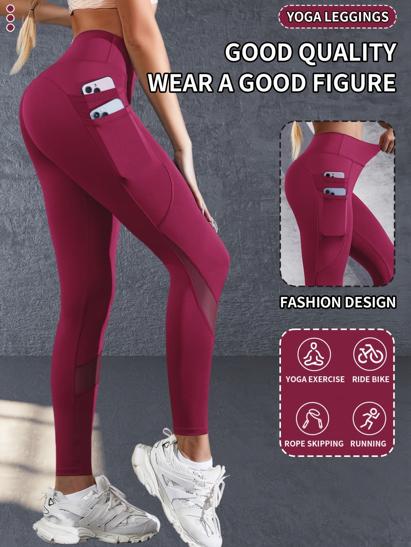 Boost Your Workout with Women's Tummy Control Sports Yoga Leggings - Phone Pocket, Mesh Contrast & Breathable Tight-Fitting Pants!