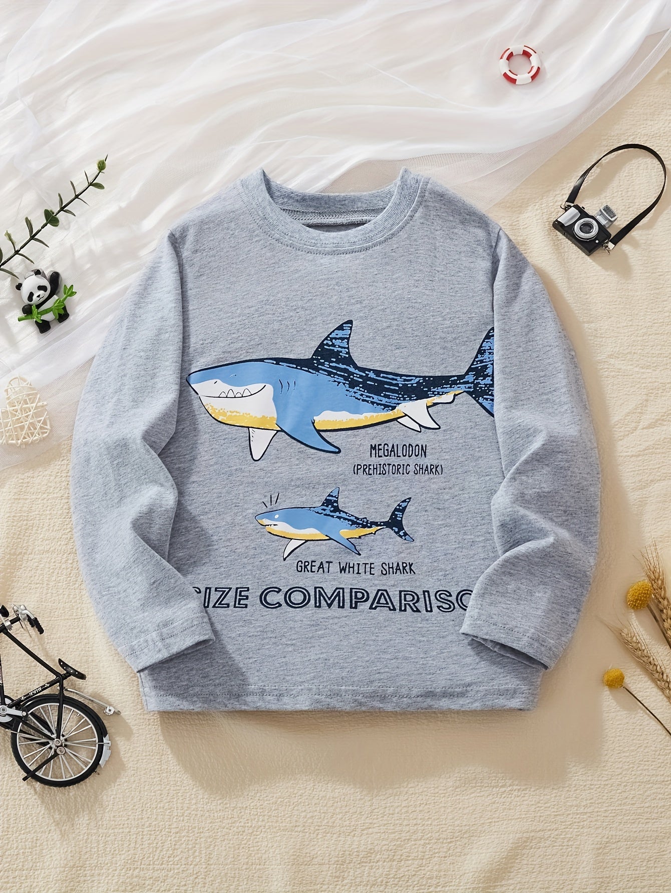 LITTLE BITTY Boys' Cotton Long Sleeve Crew Neck T-Shirt, Cartoon Shark Pattern, Casual Skinny Fit, Breathable Knit Fabric, Regular Sleeve, for Hiking & Outdoor, Weekend Casual Wear - Spring/Summer Collection