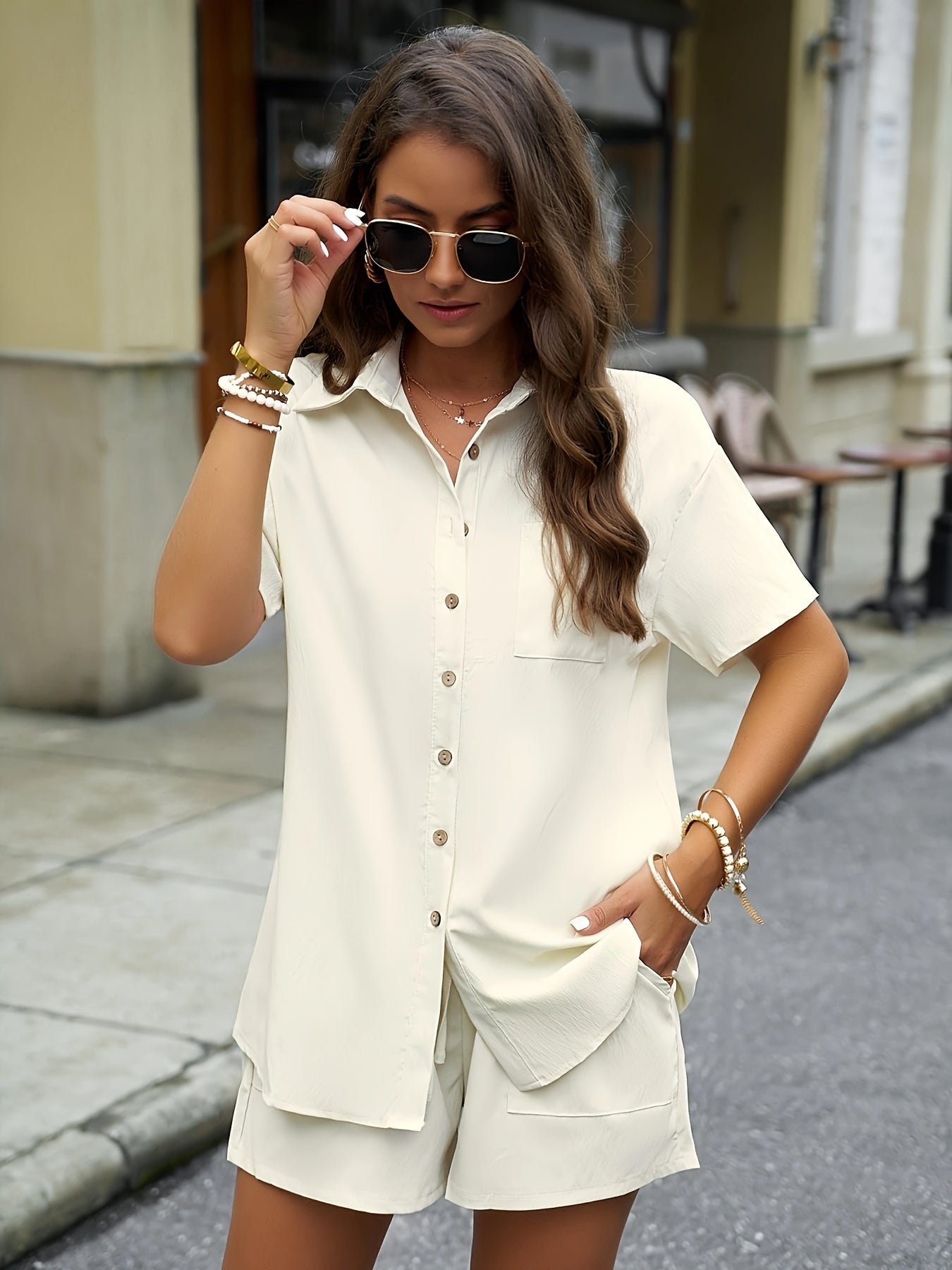 Solid Two-piece Set, Elegant Button Front Shirt & Drawstring Shorts Outfits, Women's Clothing