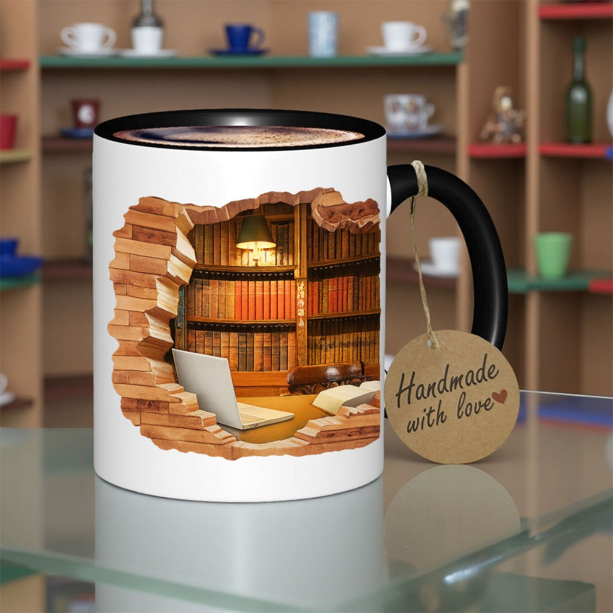 1pc 11oz 3D Magic Color-Changing Book-Themed Ceramic Mug - Reusable Coffee & Tea Cup with Bookshelf & Open Book Design, uthor Logo Slot, Hand Wash Only - Gift for Readers, Writers, Librarians (Birthday/Christmas/Halloween), C