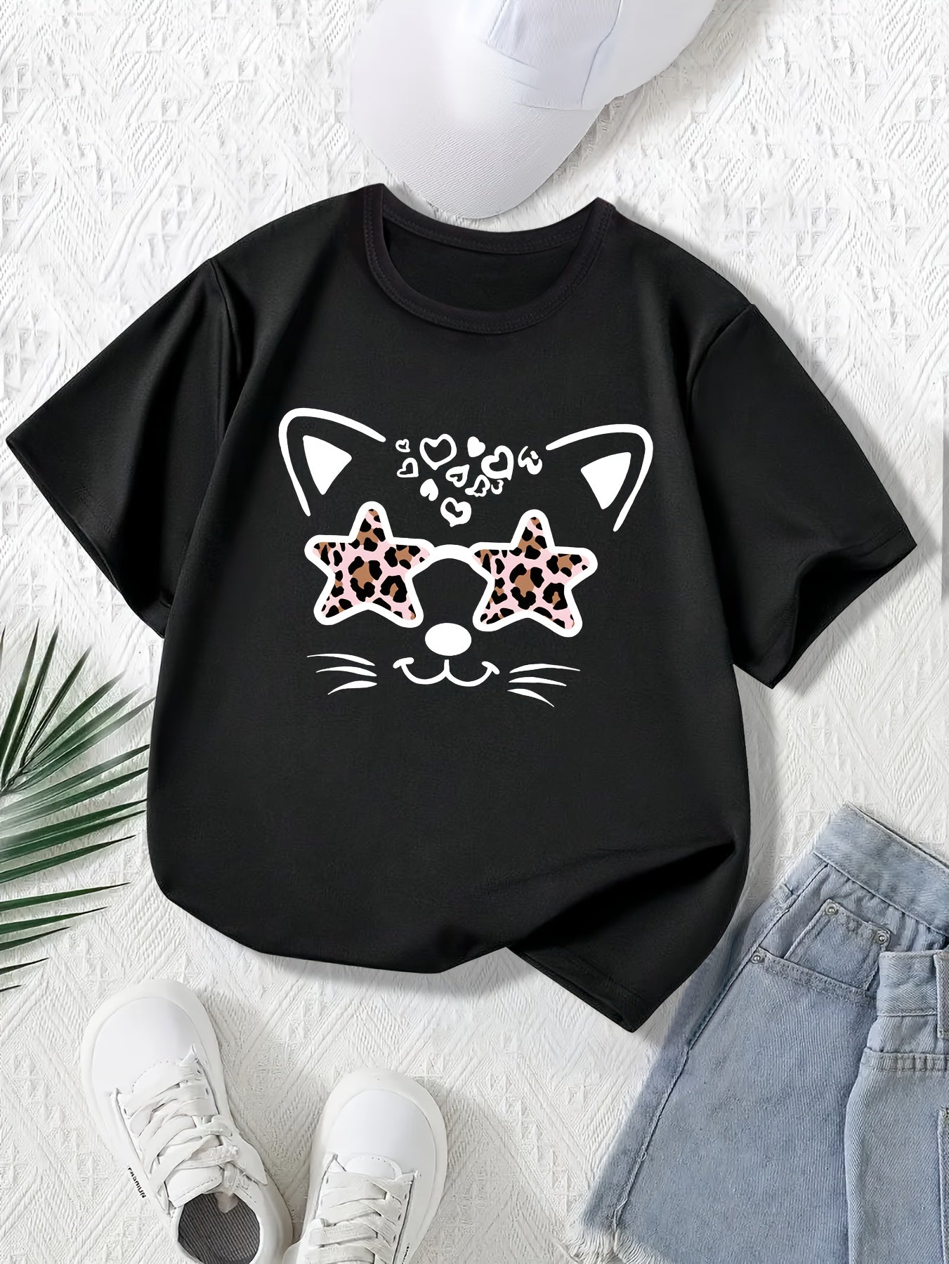 Girls Funny Kitty Print Short Sleeve T-shirt Summer Clothes Gift