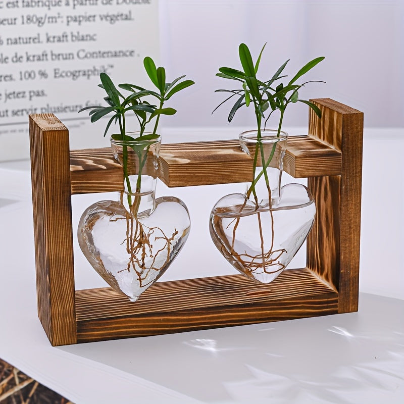 1 Pack, Hydroponic Plant Terrarium Love Heart Vase With Wooden Stand, Indoor Hydroponic Plant Propagation Station For Home Office Garden Decoration, Gift For Flower Pot Lovers