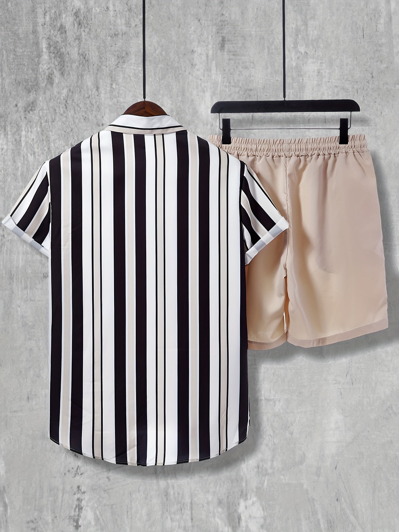 2pcs Men's Stripe Pattern Color Block Short Sleeve Button Shirt & Loose Shorts, Men's Casual Outfit For Summer Vacation