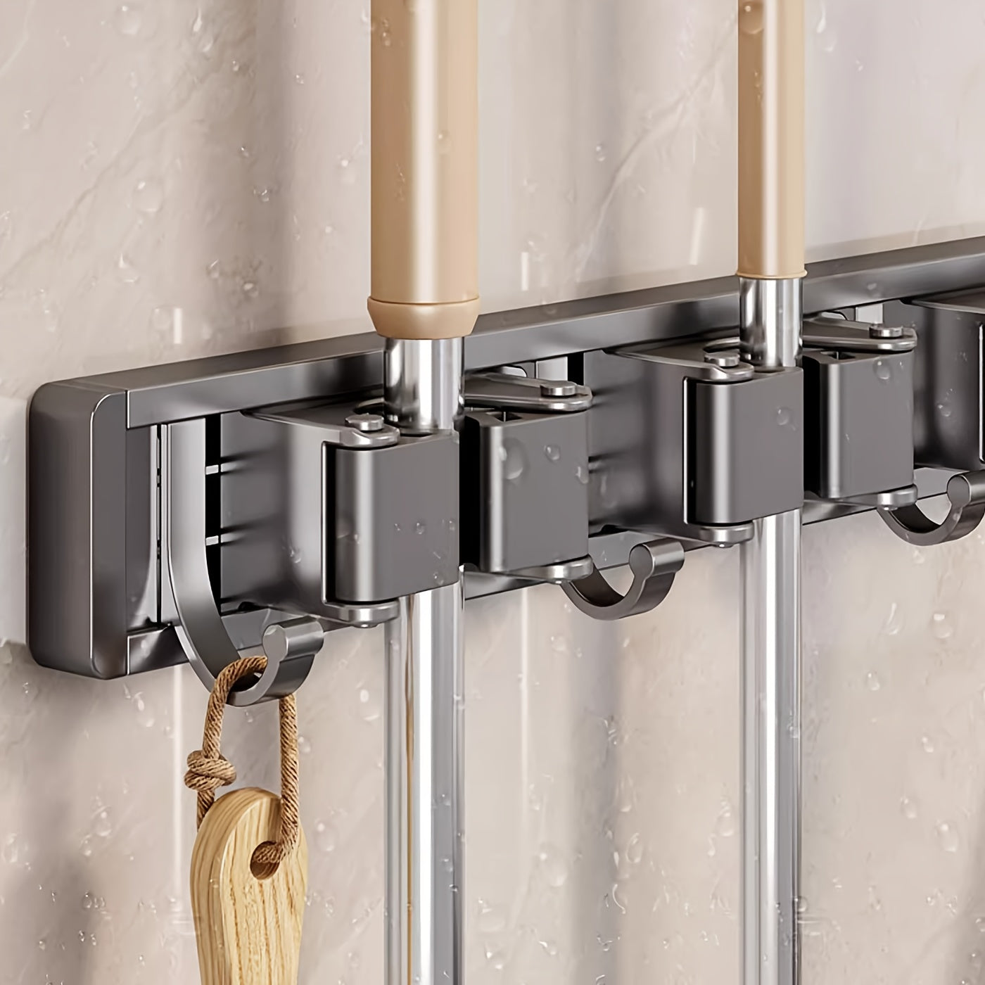 Bathroom Storage Rack Metal Mop & Broom Holder with Adjustable Hooks, Wall-Mounted Storage Organizer for Home, Kitchen, Garden, Laundry, Garage - Lacquered, Space-Saving Shelf for Mops, Brooms, Tools, Shelves
