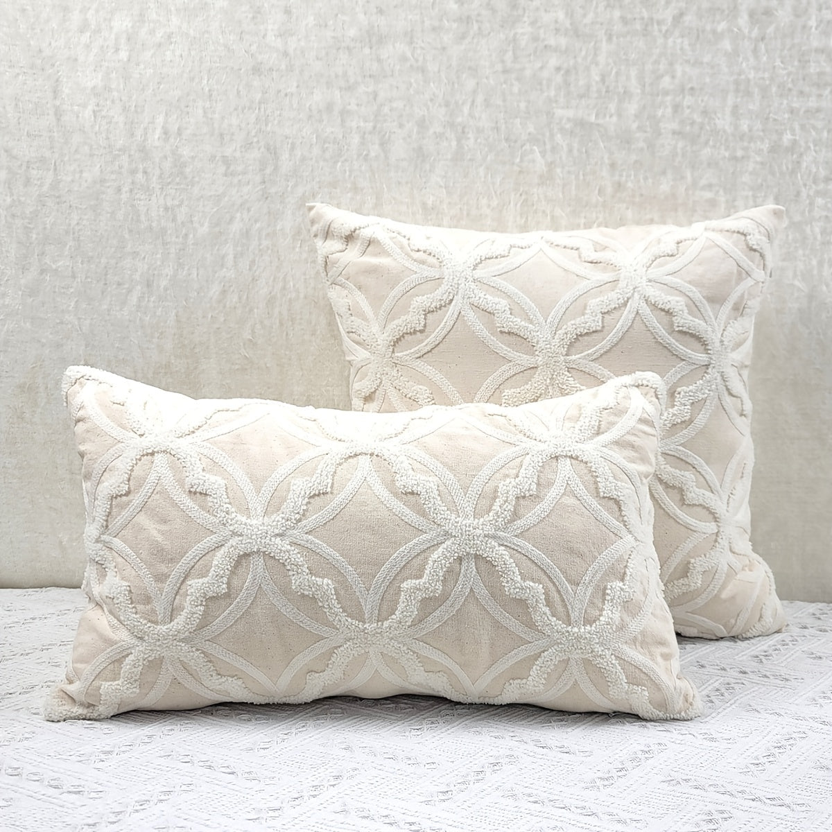 1pc Geometric Pattern Towel Embroidery Cushion Cover, Beige Base Fabric with White Embroidery