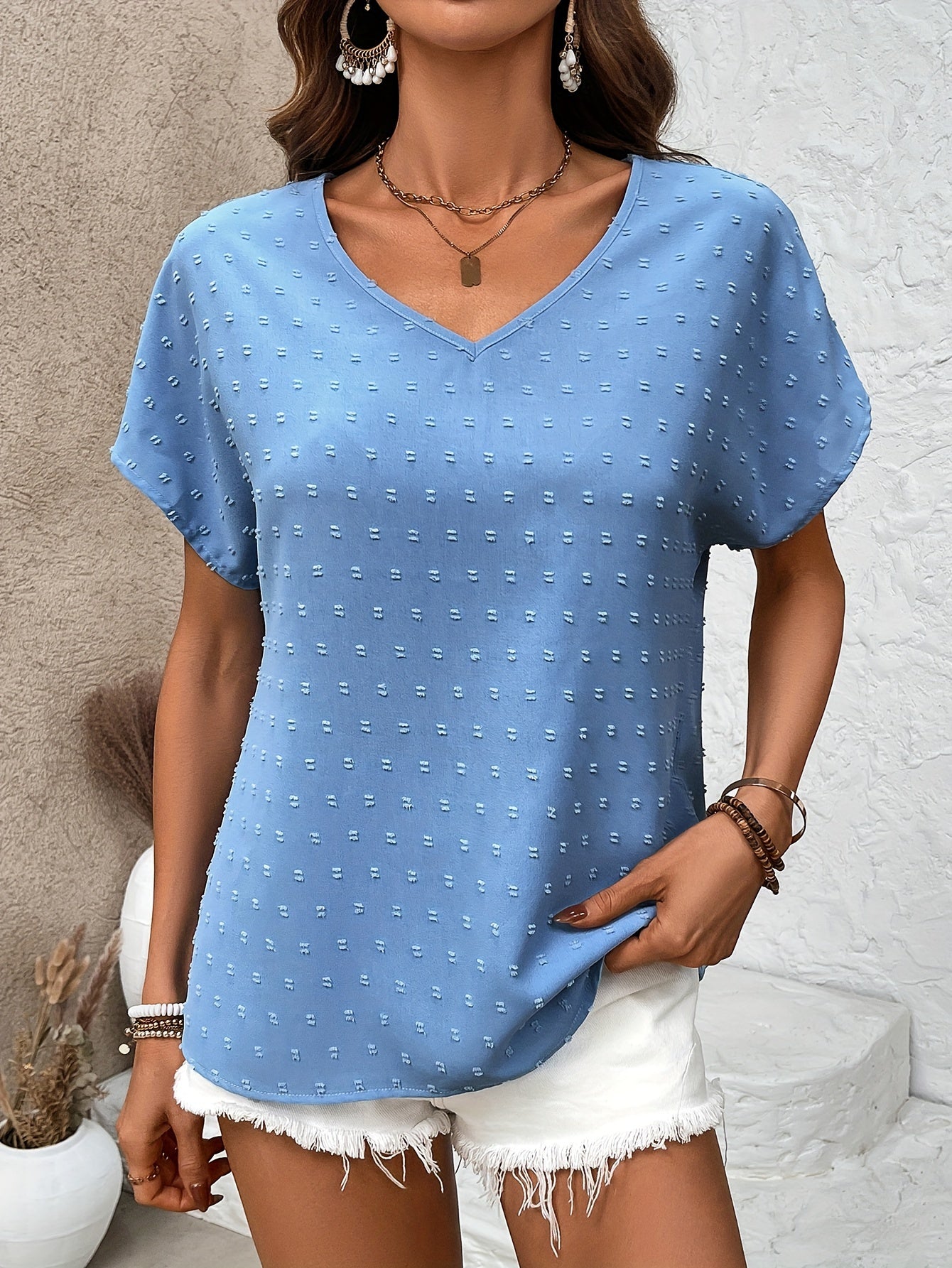 Swiss Dot V Neck Blouse, Casual Short Sleeve Blouse For Spring & Summer, Women's Clothing
