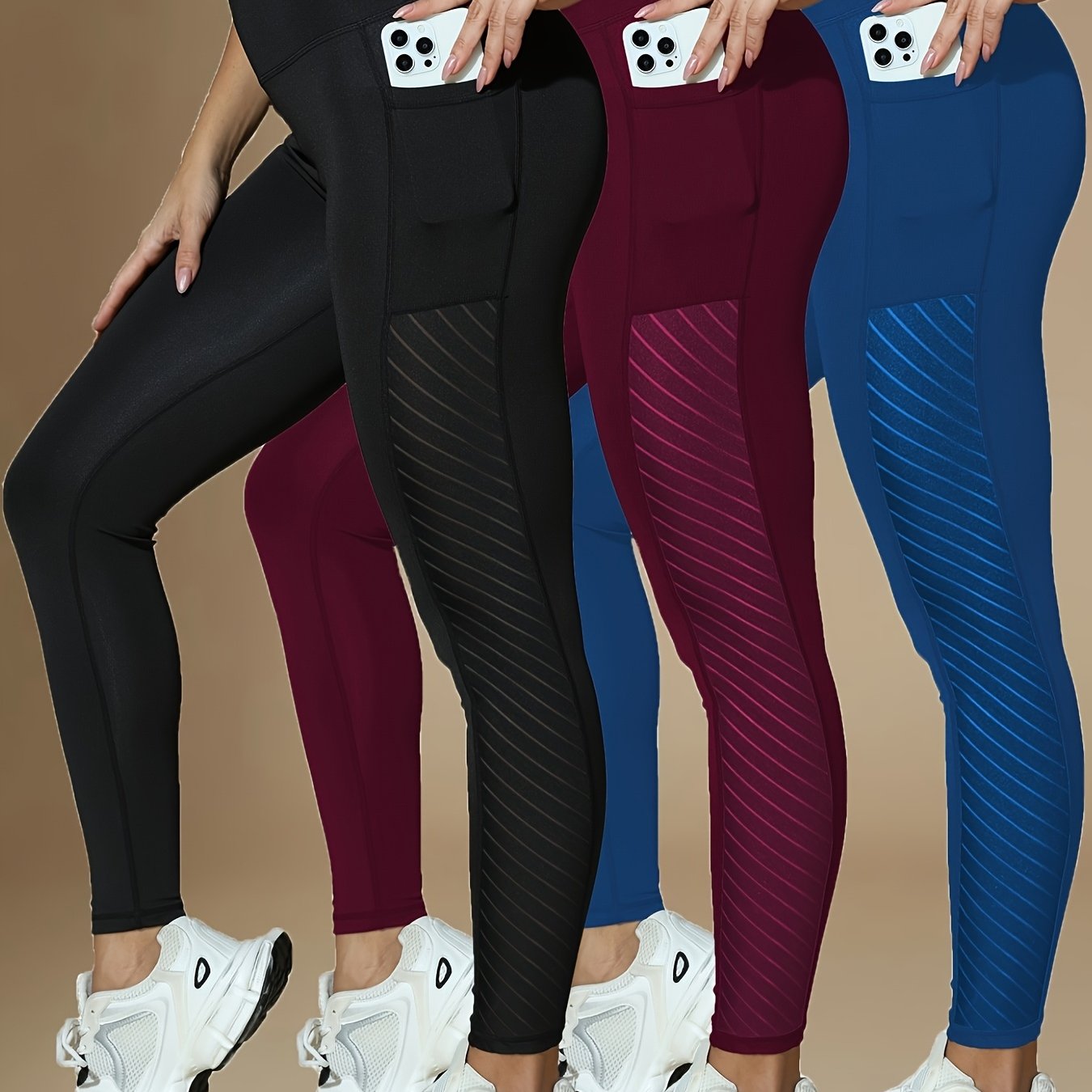 Autumn/Winter Style, Three-Pack Mesh Panel Ankle Pants with Tight Fit and Pockets, Casual Sporty Leggings for Gym Yoga Training, Gym Wear, Activewear Bottoms, Trendy Workout Pants, Stylish Activewear, Comfortable Fit, Stretch