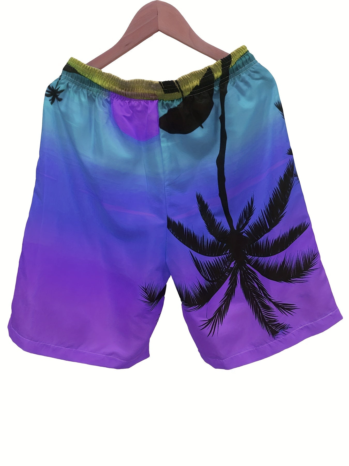 Quick Drying Comfortable Breathable Gradient Palm Tree At Dawn Seaside Drawstring Swim Trunks, Men's Board Shorts Swimwear For Summer Vacation Resort Beach Pool
