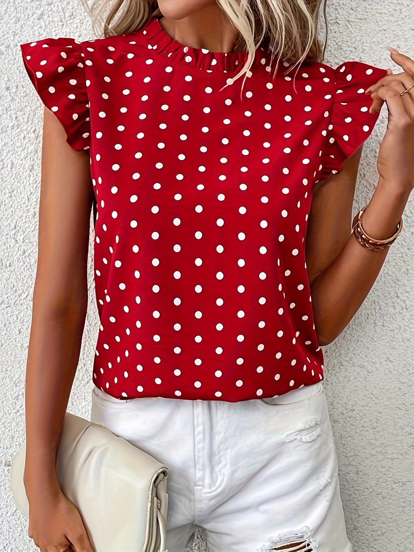 Polka Dot Print Mock Neck Blouse, Elegant Ruffle Sleeve Blouse For Spring & Summer, Women's Clothing