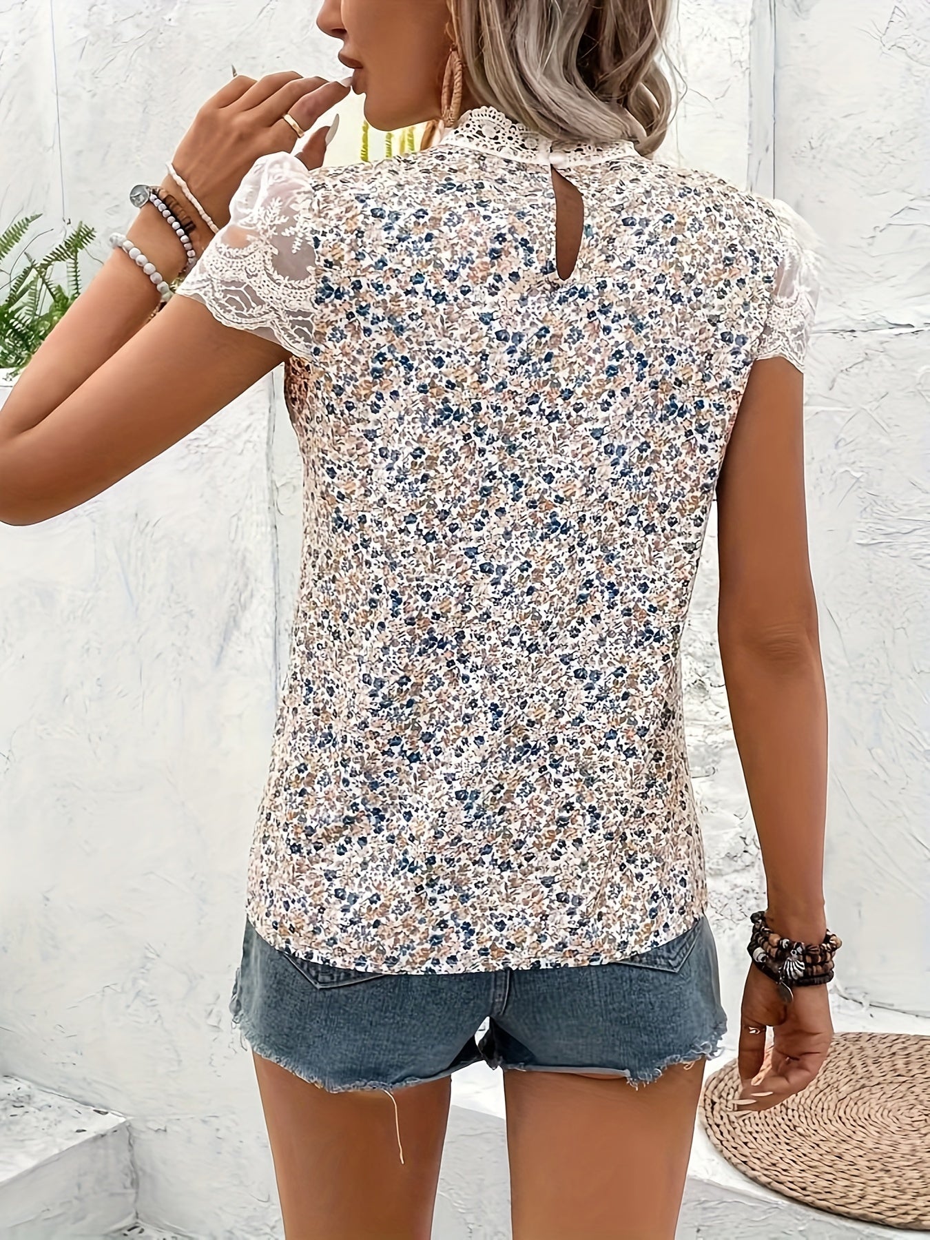 Floral Print Contrast Lace Blouse, Elegant Mock Neck Cut Out Blouse For Spring & Summer, Women's Clothing