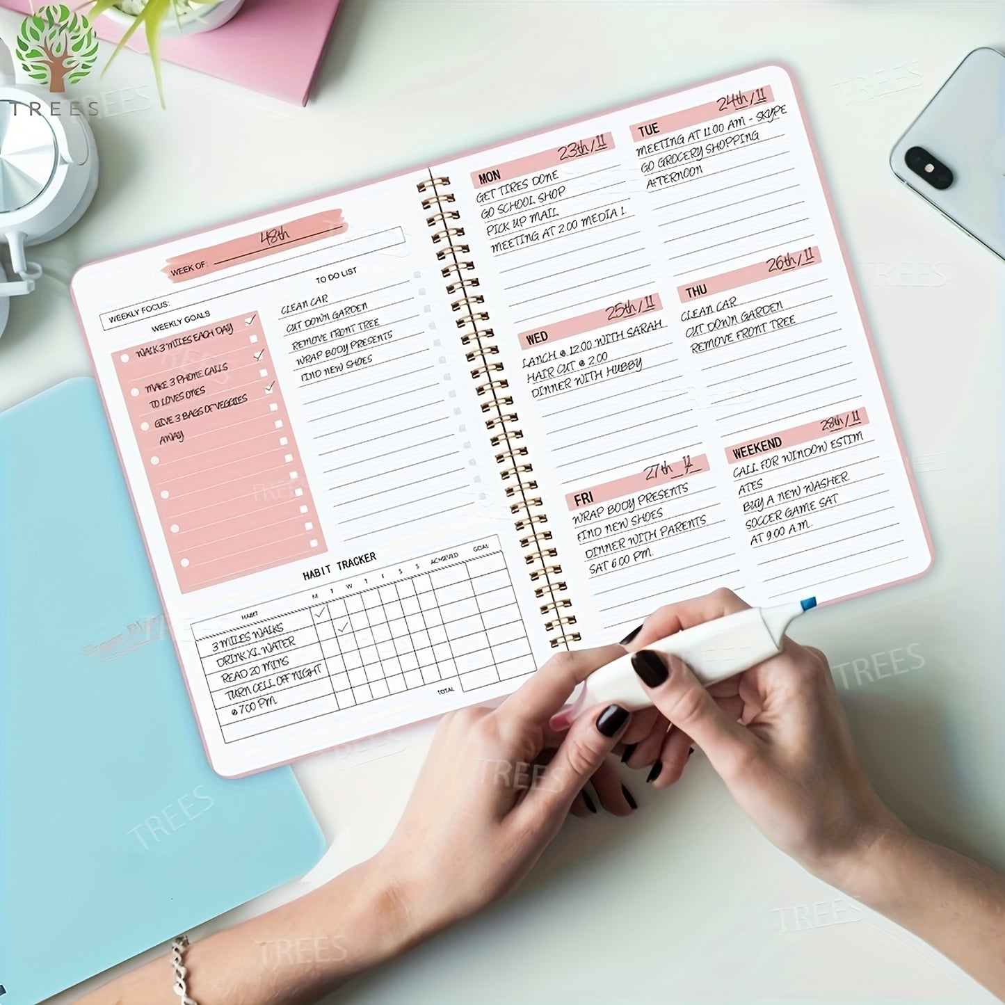 1pc Trees Spiral Undated A5 Daily Weekly Notebook Planner Agenda, Stationery Office School Supplies, Record Daily Plans To Achieve Future Goals, 21.08*13.97 Cm, 52 Sheets
