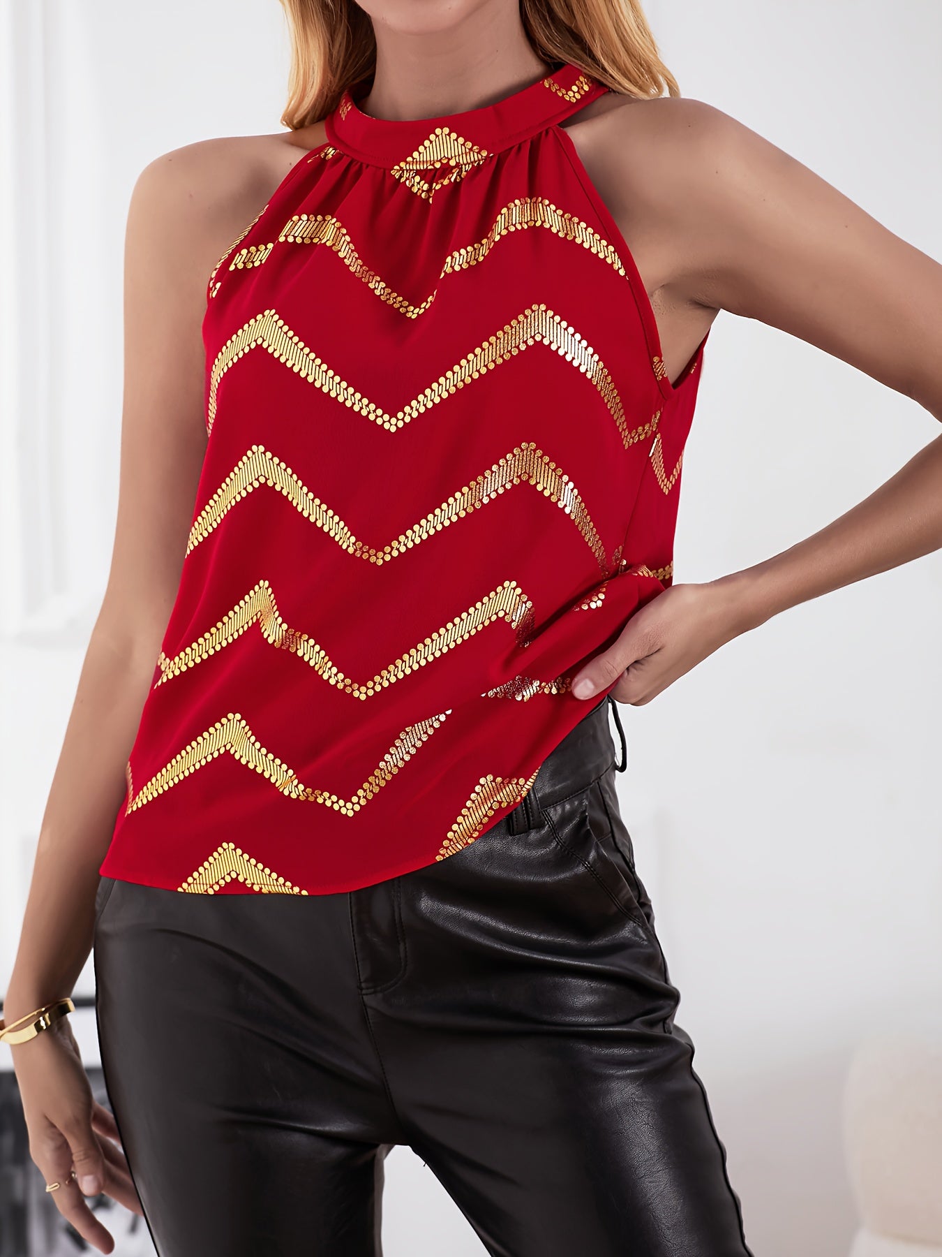 Graphic Print Tie Neck Blouse, Elegant Sleeveless Blouse For Spring & Summer, Women's Clothing