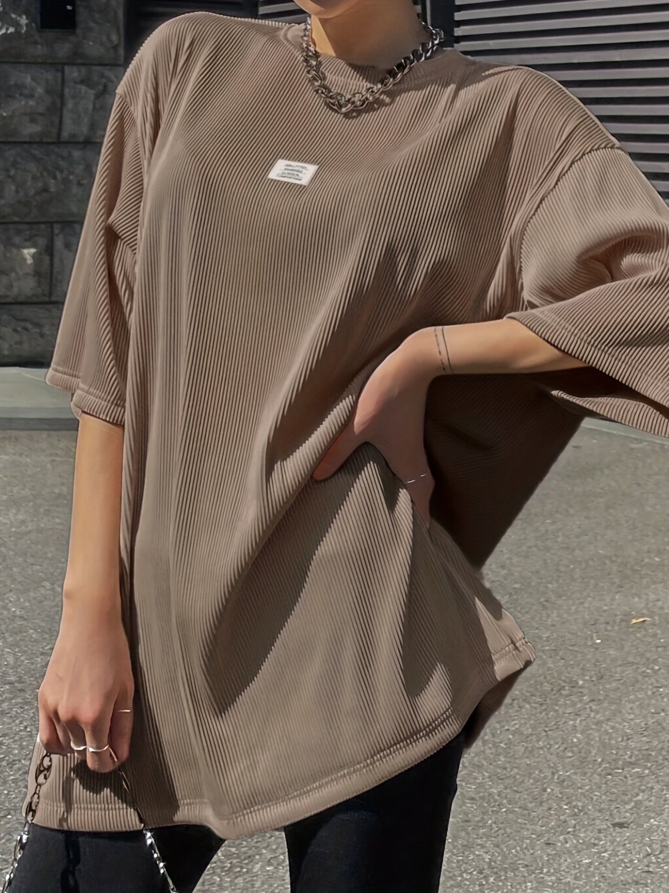 Oversized Drop Shoulder Ribbed T-Shirt, Casual Crew Neck Short Sleeve T-Shirt For Spring & Summer, Women's Clothing