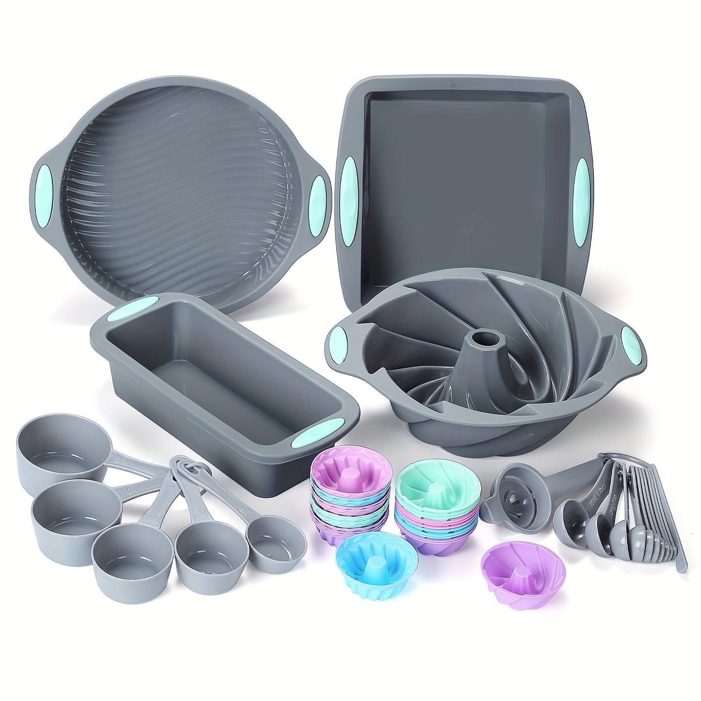 45pcs/set, Silicone Baking Set, Nonstick Bakeware Set Baking Cookie Sheets Cake Muffin Bread Pan, Loaf Pan, Cake Pan, Pizza Pan, Mini Cupcake Mold, Bundt Pan, Charlotte Cake Pan, Measuring Cup And Spoon, Baking Tools