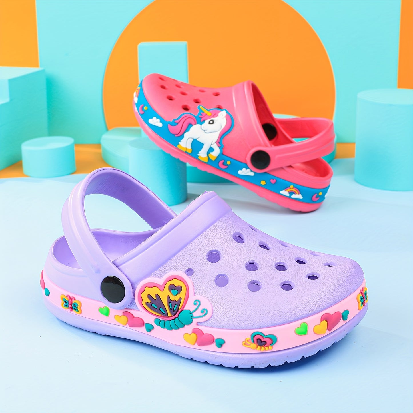 Toddler Girls Cute Cartoon Print Closed Toe Slip On Platform Clogs, Children's Casual Outdoor Anti-skid Hollow Out Sandals Beach Garden Shoes
