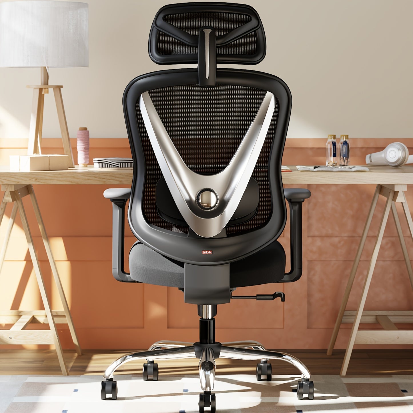 Ergonomic Office Chair with 3D Lumbar Support & Adjustable Armrests - V-Shaped Design, Breathable Mesh Backrest, Ergonomic Seat Cushion, Manual Height Adjustment, Durable Plastic Frame for Home & Office Use, Office Chair Cush