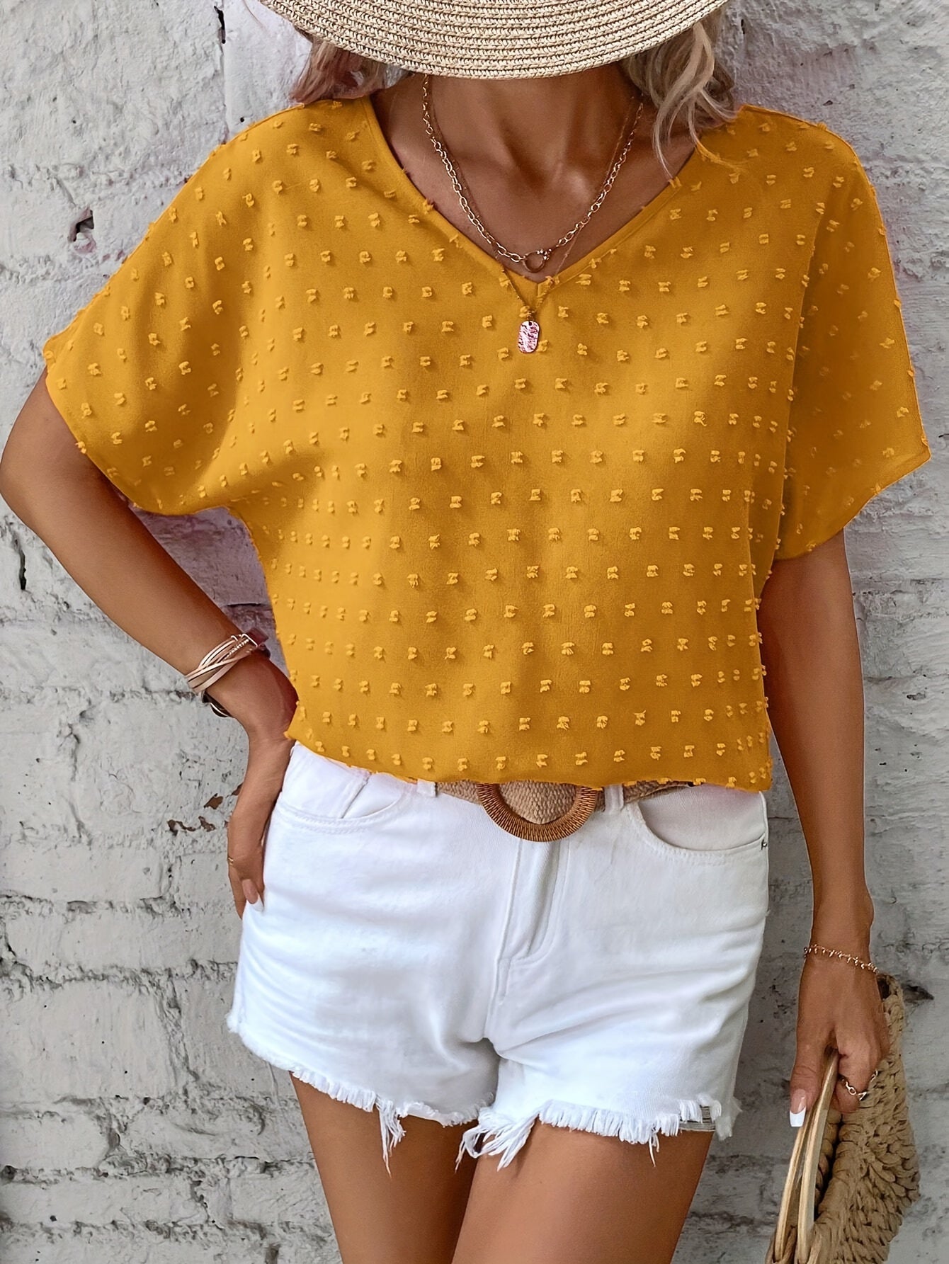 Swiss Dot V-neck Solid Blouse, Casual Batwing Sleeve Blouse For Spring & Summer, Women's Clothing
