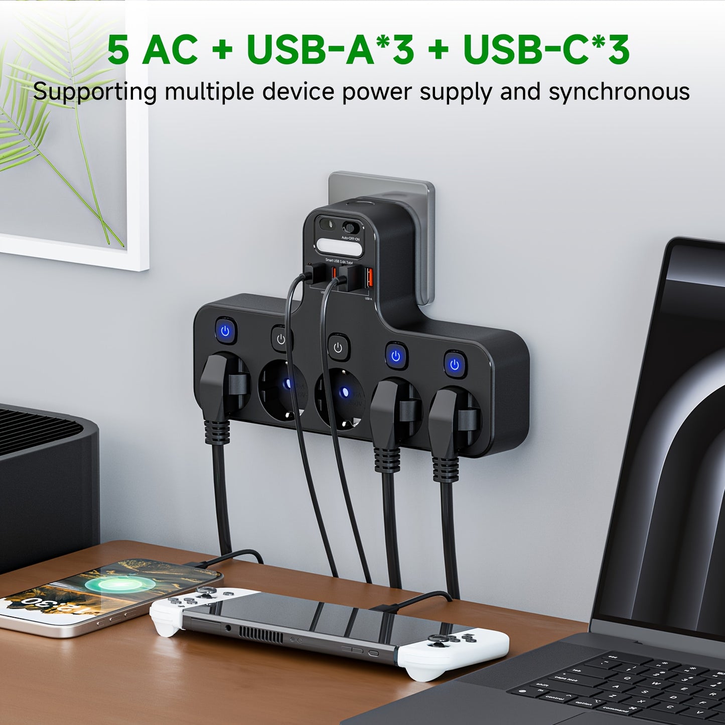 European Wall Power Strip with 5 AC Outlets & 3 USB-A/3 USB-C Ports, Smart Power Strip with Individual Switches, Overload Protection, 3 Lighting Modes & Auto On/Off Timer, EU Plug (220V) for Home, Office, Dorm - Space-Saving