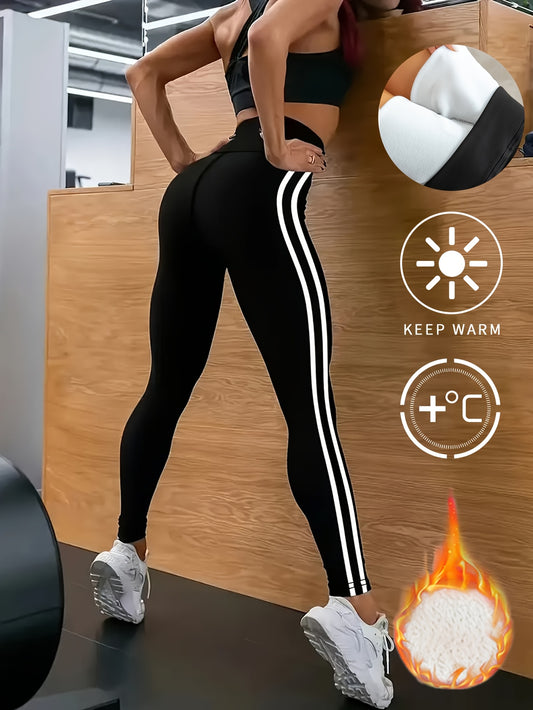 Women's High-Waisted Fleece-Lined Thermal Leggings - Winter Warmth, Seamless Full-Length Side Stripe Athletic Leggings with Soft Lining, Gym & Outdoor Pants for Gym,W Yoga - Machine Washable, Solid Black & White Stripe Design