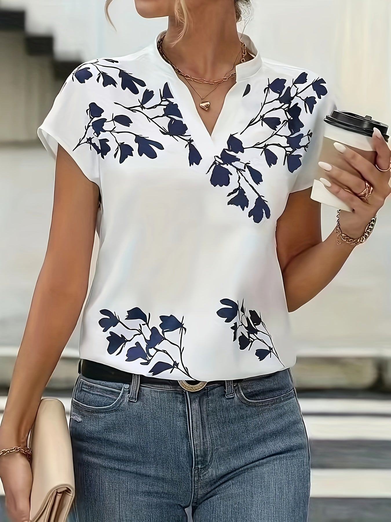 Floral Print V Neck Blouse, Boho Short Sleeve Top For Spring & Summer, Women's Clothing