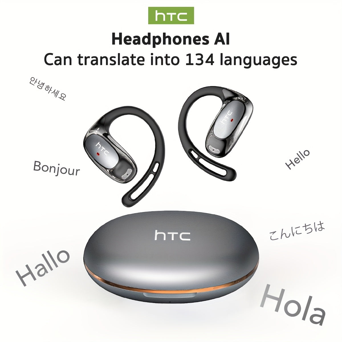 HTC NE35 AI Translation Earbuds Real-time Translation Headphones OWS Open-Ear Wireless Headphones, Latest BT V6.0, Noise Reduction Clear Call, 6.5 Hours Music Long Battery Life, Big speaker Big Volume