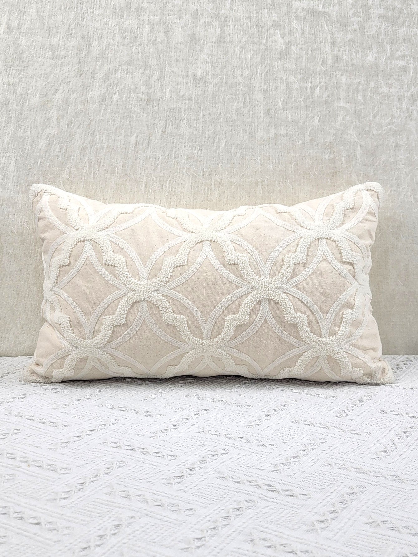 1pc Geometric Pattern Towel Embroidery Cushion Cover, Beige Base Fabric with White Embroidery