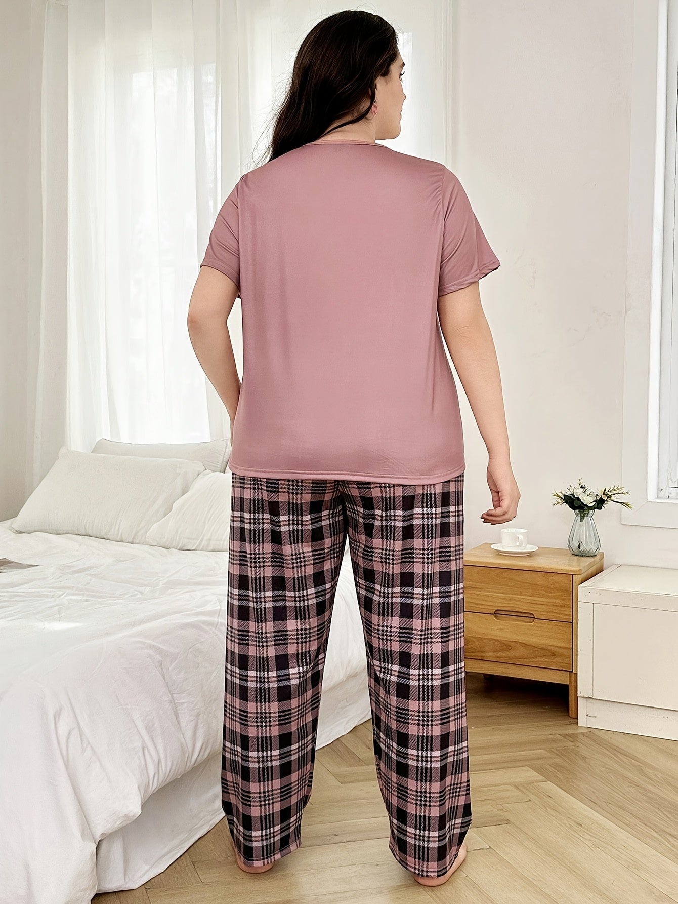 Women'S Plus-Size Cartoon Sweet Heart Checkered Loungewear Set