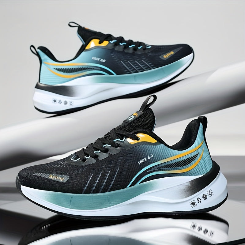 Men's mid-calf running shoes, breathable lightweight carbon plate, striped pattern, suitable for all seasons, lace-up closure, fabric upper and lining, rubber sole, MD outsole, cloth insoles, ideal for casual running, hiking,