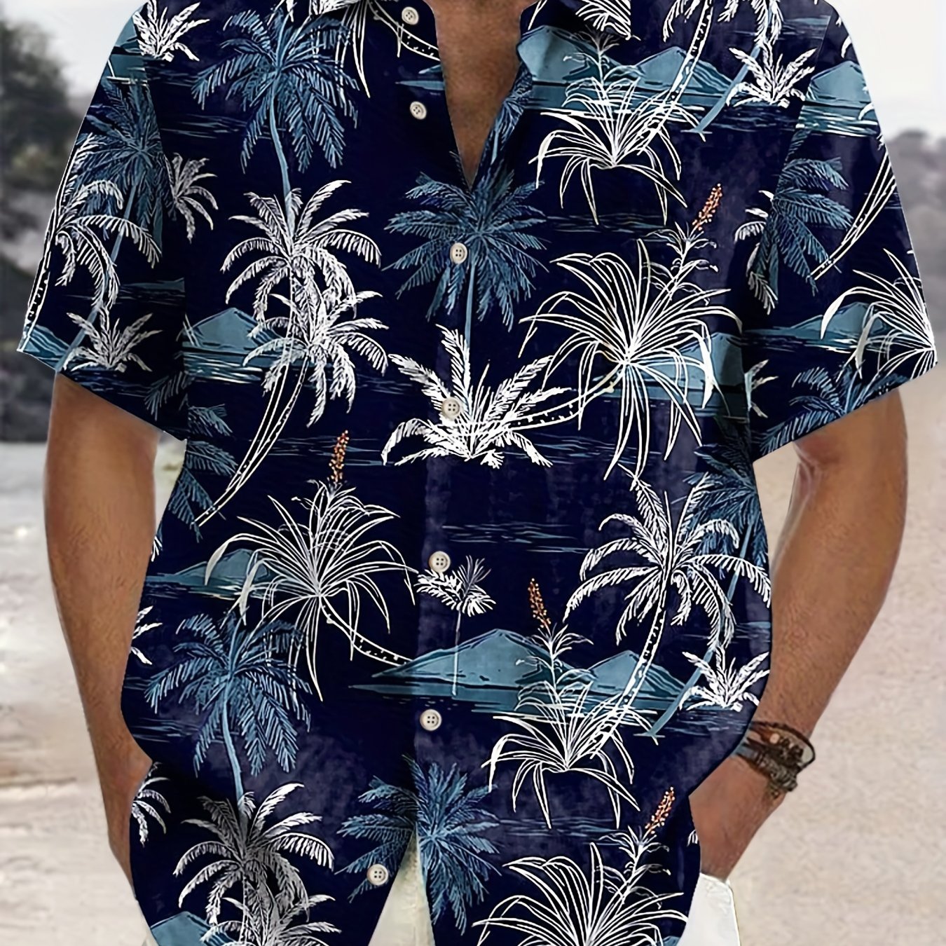 Men'S Casual Hawaiian Shirt with Coconut Tree Print, 100% Polyester, Short Sleeve, Button Front, Lapel Collar, Regular Fit, Woven Fabric, 110gsm - Spring/Summer Beachwear, Plus Size