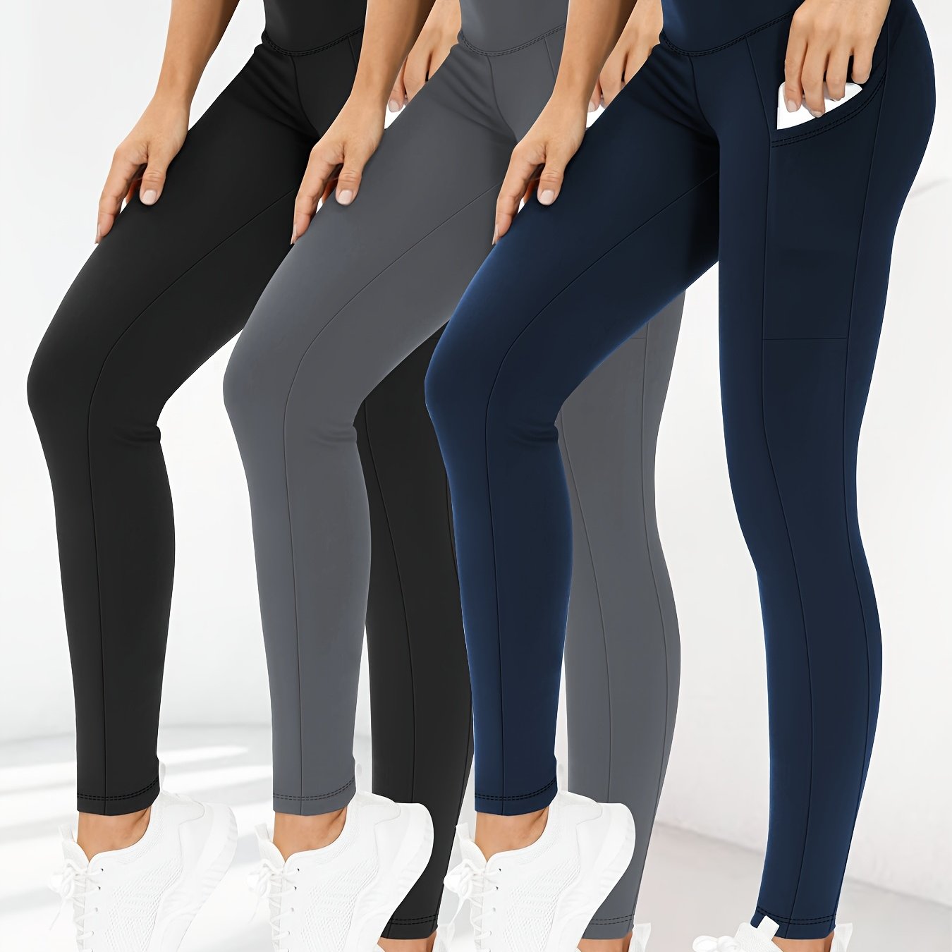 3pcs Set Women's High-Waisted Tummy Control Yoga Leggings - Full-Length Opaque Workout Pants with Pockets, 4-Way Stretch Soft Athletic Gym Pants for Running, Fitness, Yoga & Casual Attire - All-Season Tight Bodycon Leggings (