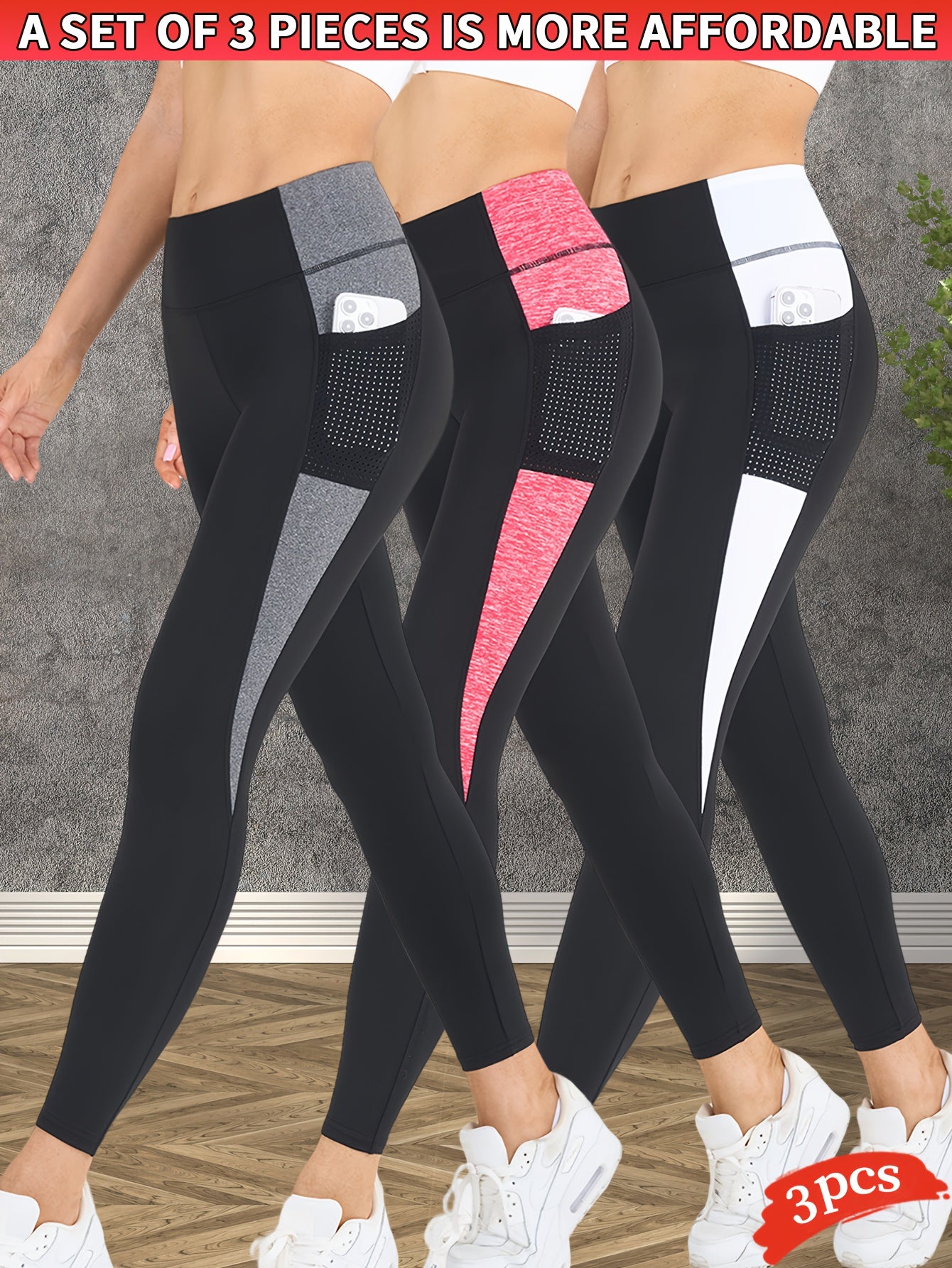 3-Pack Women's Yoga Pants Non-See-Through High-Waisted Workout Leggings - Sweat Absorbent Quick-Dry Yoga Pants with Side Pocket, Stretchy Gym Running Pilates Pants for Women (Black/Gray/Pink Accents - Affordable 3-Pack Deal),