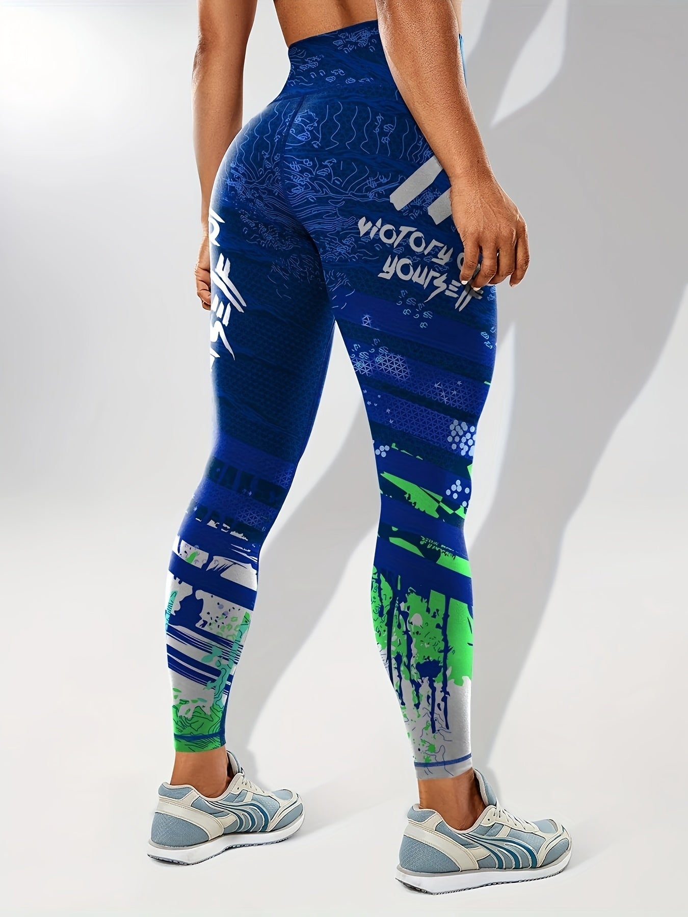 Women's Fashion Color Block Splash Print Yoga Pants, Striped Print Breathable Stretchy Butt Lifting Yoga Workout Running Sports Leggings, Women's Activewear