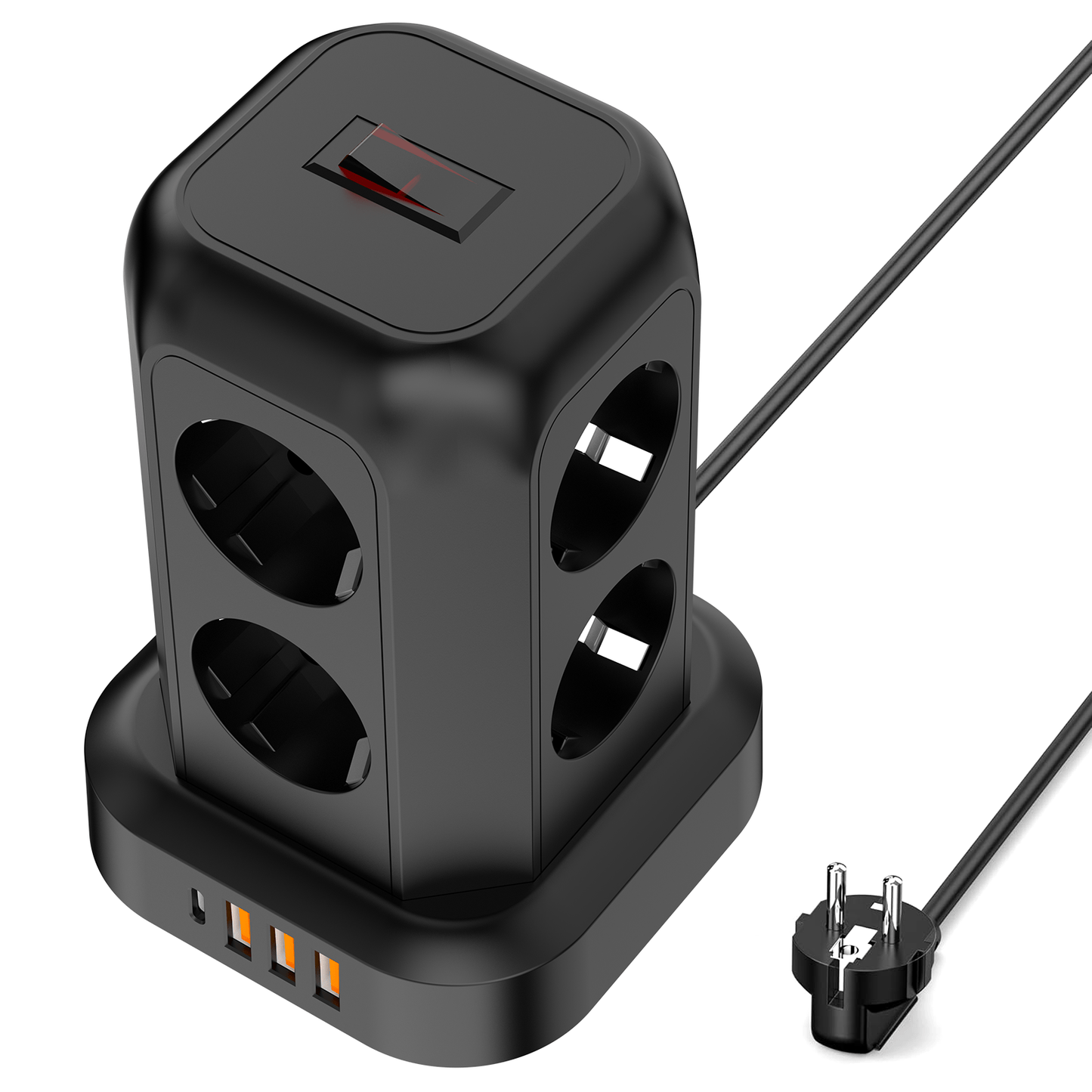 Multi-Plug Socket Distributor with 8 Sockets, 3 USB Ports (Including 1 USB-C), Side-Entry Plug Wall Charger, Essential for Cruising, Travel, Office, And Dorm