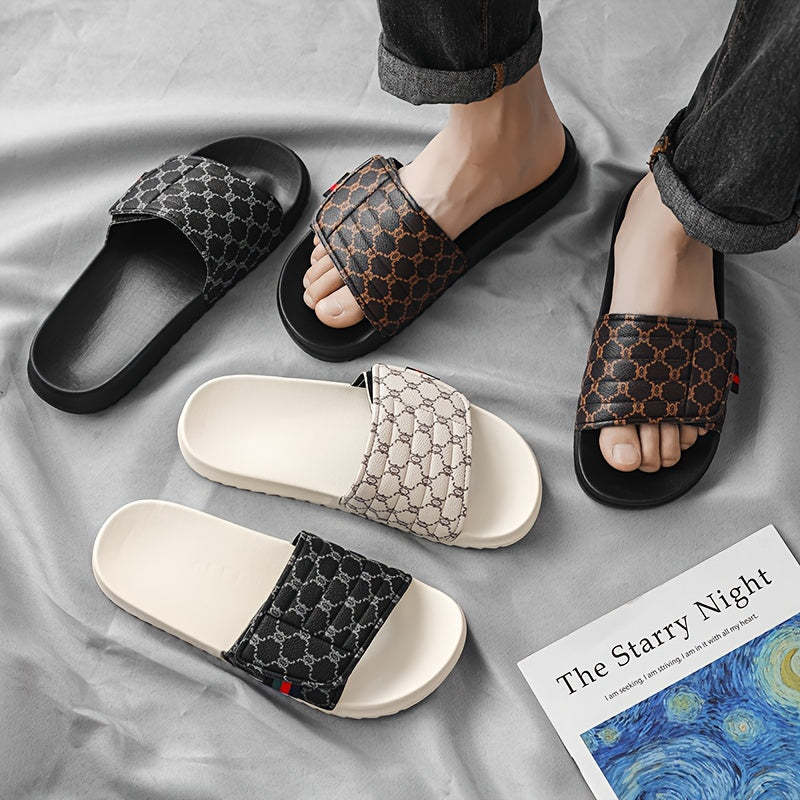 Men's Luxury Slip-On Slippers - Thick Cushioned EVA Sole & Soft PU Upper with Striped Pattern, All-Season Indoor/Outdoor House Shoes for Men, Comfortable Casual & Party Footwear (Black/White, Beige/Brown) - Unisex-Friendly De