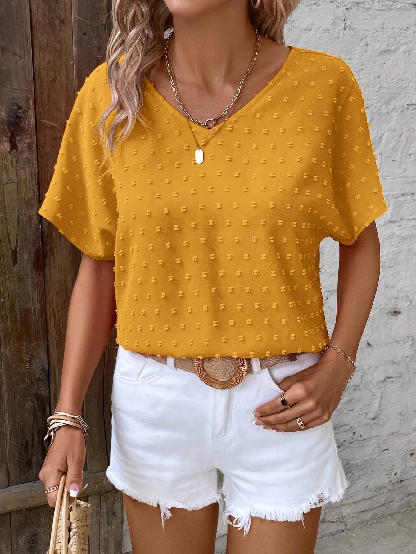Swiss Dot V-neck Solid Blouse, Casual Batwing Sleeve Blouse For Spring & Summer, Women's Clothing