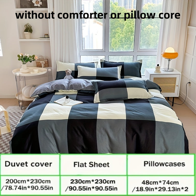 Soft and breathable 4pcs bedding set - Creative space plaid pattern, machine washable - includes sheet, duet and 2 pillowcases for all seasons - ideal for student dormitories, bedrooms and guest rooms