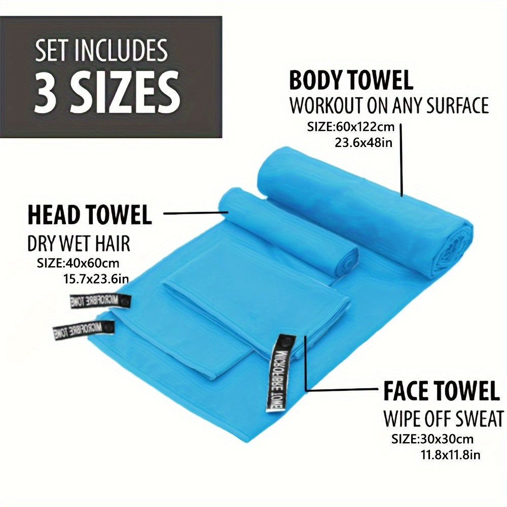 Quick-Dry Towel - 3 No. Lightweight Microfiber Travel Towel Set with Bag, 30x30cm, 40x60cm, 60x122cm - Quick Dry Towel for Camping, Beach, Gym, Backpacking, Golf, Sports Towel, Golf Towel